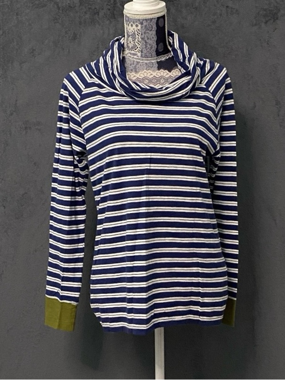 Horny Toad and Co Shirt Womens M Blue White Striped Cowl Neck Long Sleeve Top